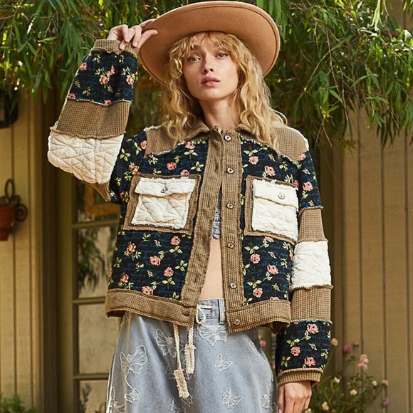 924. Pol Last 2! Jacket Coat thermal Oversized Brown Floral Quilted Jacquard - Picture 1 of 6